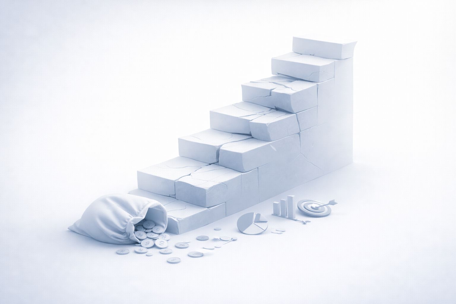 A clean 3D isometric illustration in a monochromatic white and light blue palette. A set of large, stone-like stairs rises toward the right, showing visible cracks and signs of wear to represent structural friction. At the base of the stairs, a white fabric bag has spilled several silver coins onto the ground next to a pie chart, a bar graph, and a target icon, symbolizing the cumulative financial cost of undefined positioning.