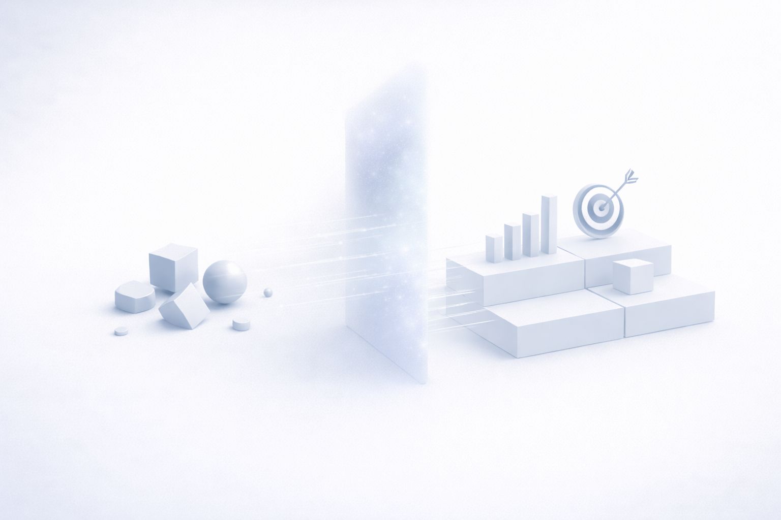 A clean, high-key 3D isometric illustration in a monochromatic white and light blue palette. On the left, a collection of unorganized geometric shapes (cubes, spheres, cylinders) represent raw technical expertise. These shapes pass through a glowing central portal, emerging on the right as an organized architectural structure topped with a bar chart and a bullseye target, symbolizing the translation of expertise into business value.