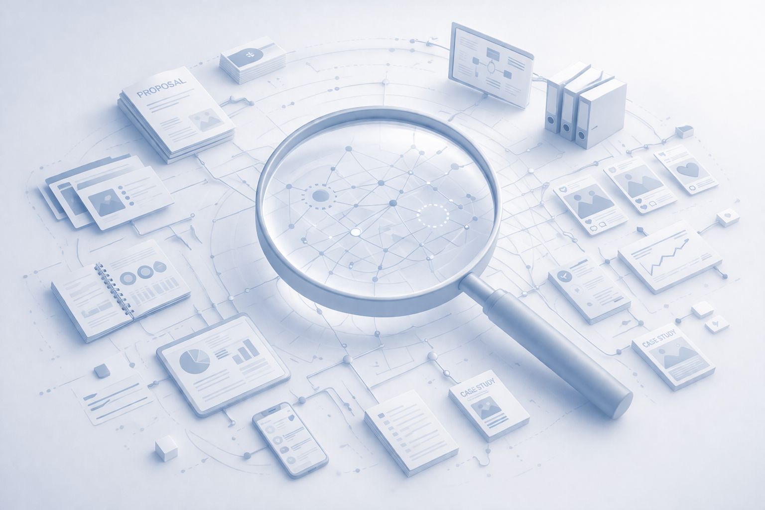 A high-key 3D visualization of marketing strategy and business definition: various fragmented marketing materials like proposals and case studies are connected by an underlying network, unified through the lens of a central magnifying glass.
