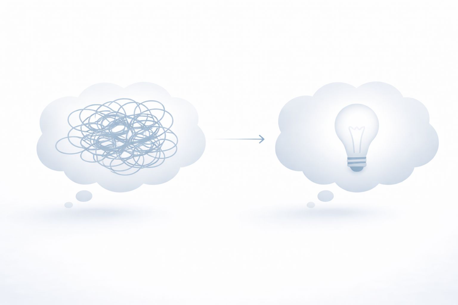 A high-key 3D isometric illustration in a monochromatic white and light blue palette. A cluster of floating, rounded thought bubbles is featured against a clean background, with a central bubble containing a glowing white lightbulb icon to represent structural ideation and strategic clarity.